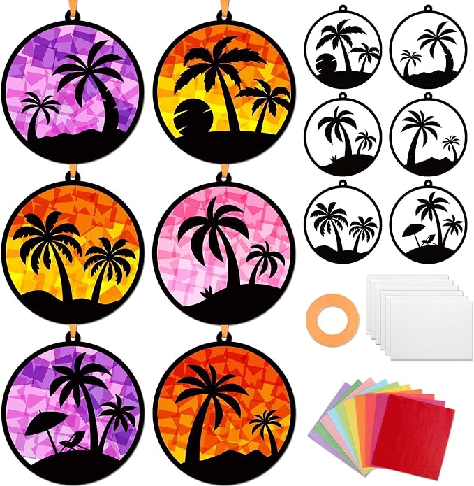 Qyeahkj 36 Sets Tropical Palm Tree Suncatchers Crafts for DIY Summer Tissue Paper Craft Kit Hawaiian Luau Palm Tree Stained Glass Window Ornaments Decoration for Home Art Project Party Favor Gift