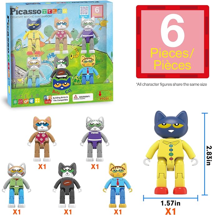 PicassoTiles 6pcs Pete the Cat Magnetic Figures Family Animal Action Character Toddler Toys Magnet Expansion Pack Building Blocks Add-on Educational STEM Learning Kit Construction Brain Tiles PTC01