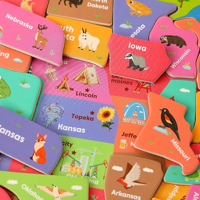 GRINNIE USA Map Puzzle for Toddlers 3 4 5 Years Old, Magnetic Wooden Jigsaw Learning Puzzle with Writing Board for Kids Age 4-6, Preschool Educational Toy Gift for Boys Girls Birthday Christmas