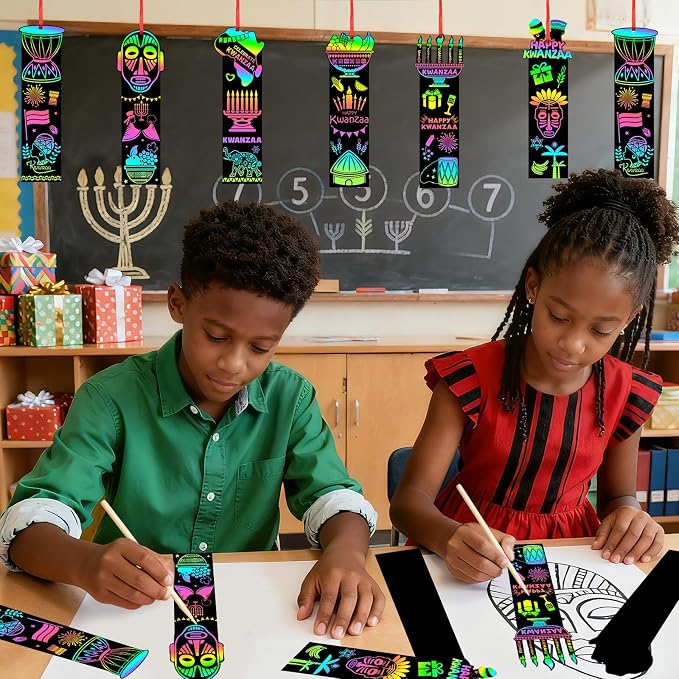 JUNEBRUSHS 30Pcs Kwanzaa Craft for Kids, Rainbow Magic Scratch Art Bookmark | Paper Kwanzaa Gifts for Kids, School Classroom Activities, Games DIY Arts and Crafts Kit Party Favors