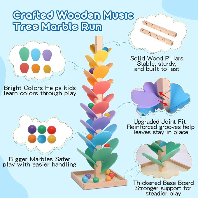 Gotoofun Wooden Marble Run Music Tree Includes Extra-Large 3cm Marbles Ball | Tumble Leaf Montessori Rainbow Singing Tree with Sound, Color Sorting STEM Learning Toy, Gift for Kids