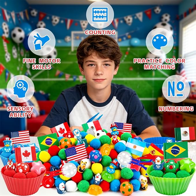305PCS Soccer Sensory Bin Filler Soccer Fine Motor Sensory Bin Items Includes Pom Poms Soccer Duck Resin for Counting Sorting Training