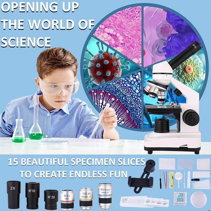 Herwicm Microscope,40X-2000X Microscope with Phone Adapter & Slides Set,Suitable for Students School Lab and Home Education (Monocular Microscope)