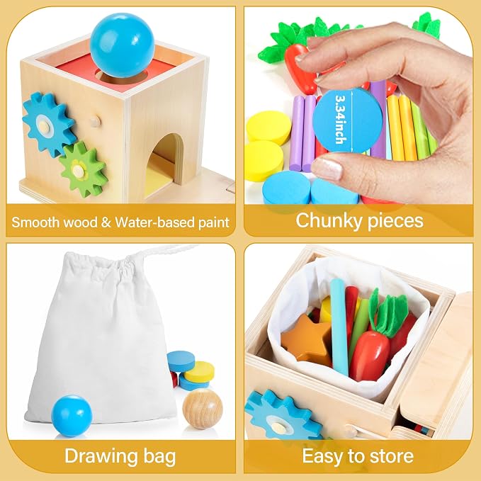 Kizfarm 8-in-1 Wooden Educational Play Kit, Montessori Toys for 1 Year Old | One Year Old Birthday Gifts, Object Permanent Box, Coin Box, Carrot Harvest, Shape Sorting & Stacking, Fine Motor Skills