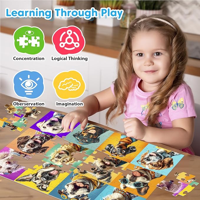 4 Packs 100 Piece Puzzles for Kids - Dogs Cats Donuts Flowers Puzzles | Kids Ages 4-6 6-8 8-10, Large Piece Puzzles for Kids & Seniors Adults Jigsaw Puzzles Educational Gifts for Girls Boys