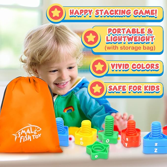Letters Learning Matching Game | Preschool Toys Set for Toddlers | 26 Alphabet Learning Toys with 52 pcs Nuts and Bolts Sorting & Stacking Toys, ABC learning Educational Montessori Toy for Kids