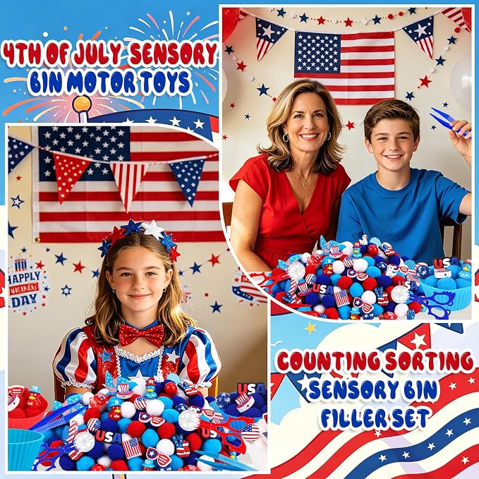 256PCS Independence Day Patriotic Sensory Bin Filler 4th of July Fine Motor Sensory Bin Items Includes Pom Poms Duck Resin for Counting Sorting Training