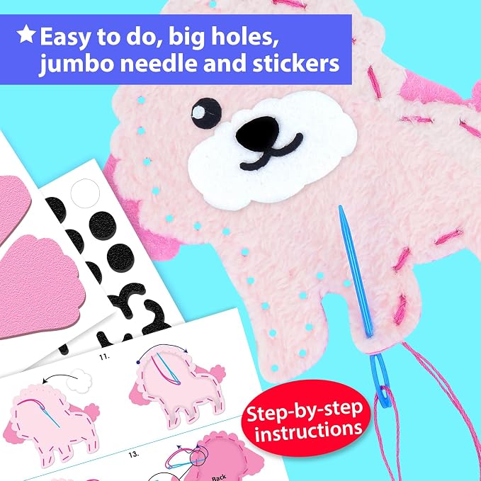 KRAFUN Puppy & Kitten Sewing Kit for Kids Ages 6+ | 8 Dolls | Sew 8 dog & cat stuffed dolls. Instructions & felt included. Great beginner gift for girls & boys learning to sew