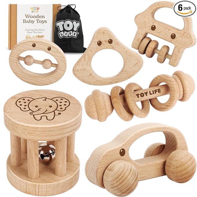 TOY Life Wooden Toys Cars, Montessori Baby Toys 6-12 Months, Wooden Baby Toys Rattle Cars for Toddlers 1-3, Baby Boy Nursery Decor, Montessori Toys for 1 Year Old Boy (6 PCS Rattle Set)