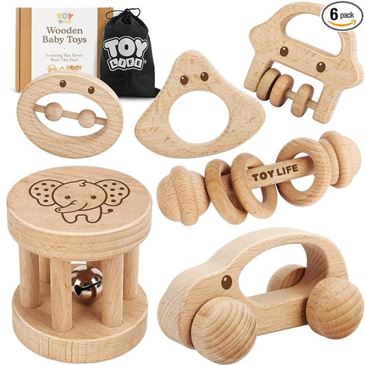 TOY Life Wooden Toys Cars, Montessori Baby Toys 6-12 Months, Wooden Baby Toys Rattle Cars for Toddlers 1-3, Baby Boy Nursery Decor, Montessori Toys for 1 Year Old Boy (6 PCS Rattle Set)