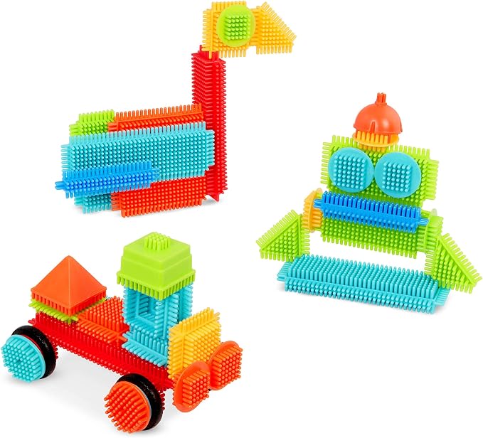 Battat Bristle Blocks Basic Builder Bucket, 50-Piece Building Toys, Playset | Interlocking blocks in bright colors and shapes with wheels for movable builds and easy assembly, 50 Pieces, 2+ Years