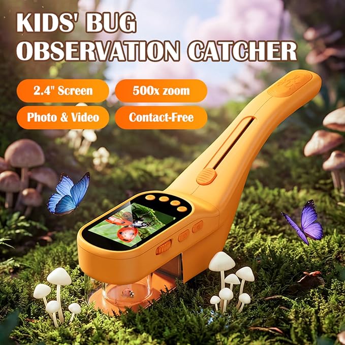 Kids Digital Bug Catcher, 2.4" IPS Screen 500x Magnification Microscope, Photo/Video Recorder, 8 LED Lights, 1000mAh Rechargeable STEM Nature Exploration Toy for Boys & Girls Ages 3+
