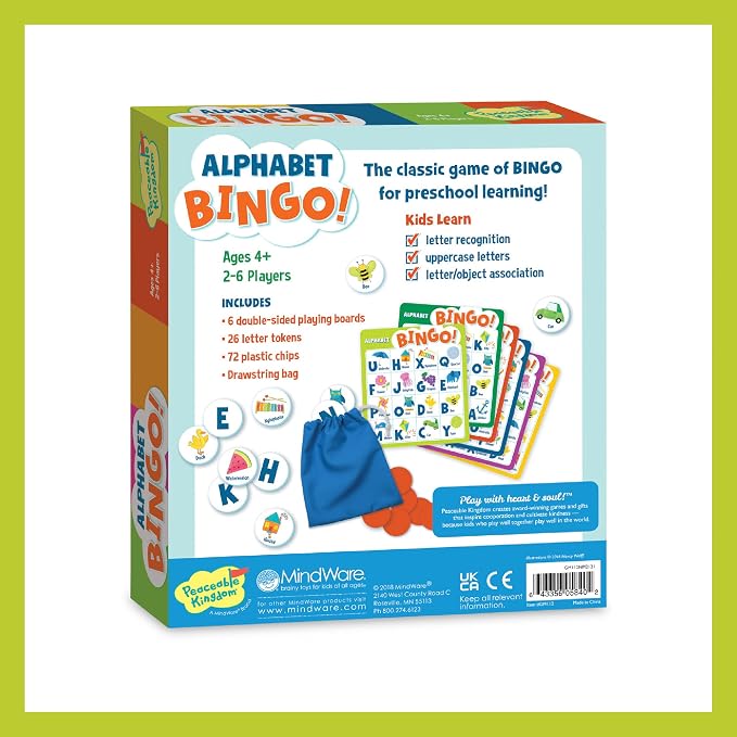 Peaceable Kingdom Alphabet Bingo! Letter Learning Educational Board Game for 2 to 6 Kids Ages 4+ | Teach letters and sounds with a bingo twist—6 boards, 26 letter tokens and 72 chips. Educational fun for ages 4+