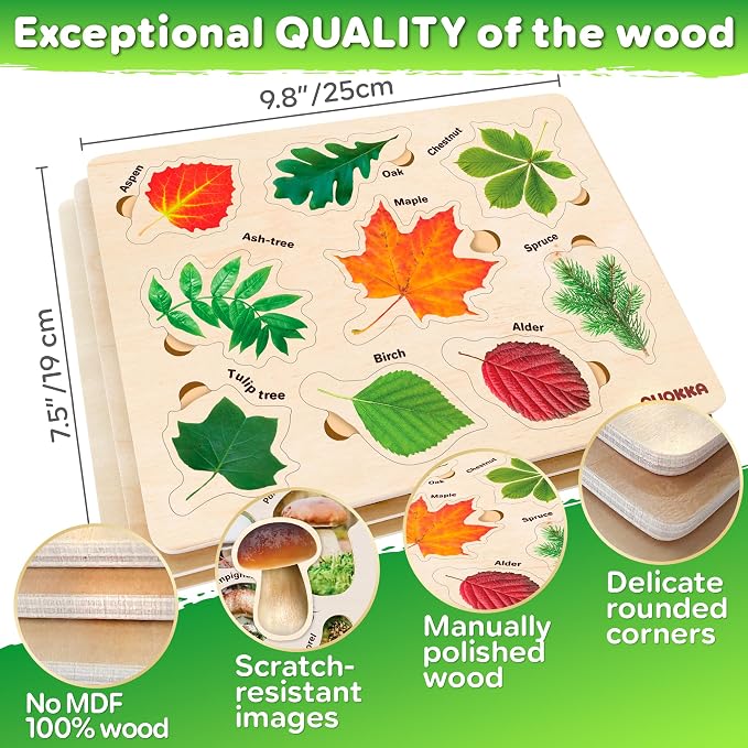 Wooden Puzzles for Toddlers 2-4 - 3 Montessori Kids Puzzles Ages 3-5 | Realistic Wood Educational Baby Puzzles 12-18 Months – Learning Toddlers Puzzles with Mushrooms Flowers Leaves