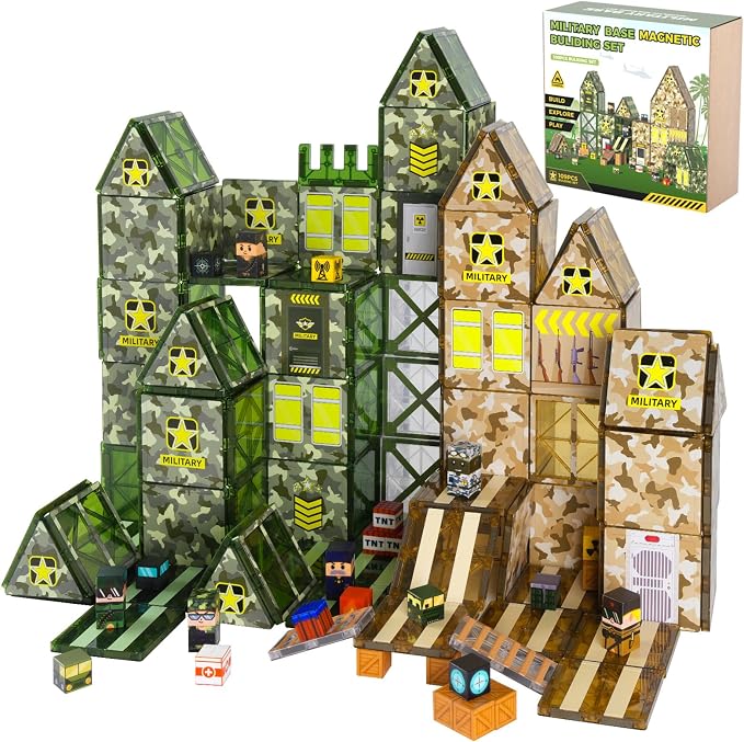 Bmag 109 PCS Military Magnetic Tiles Set, Army STEM Building Toys, Camo Printed Construction Blocks, Educational Play Gifts for Boys Girls Ages 3-12