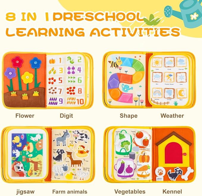 Jollybaby 8 Page Baby Soft Busy Books Sorting & Stacking Toys, Travel Toy & Montessori Sensory Educational, Preschool Learning Activities Toy for 1 2 3 Year Old Toddlers Boy Girl (Happy Farm