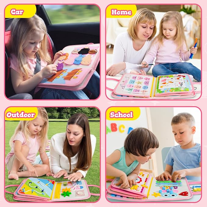 Montessori Busy Board & Busy Book with 20+ Learning Activities, Sensory Activity Toy for Fine Motor Skills, Educational Learning Toy for Airplane & Car Travel, Birthday Gift for Toddler Girls