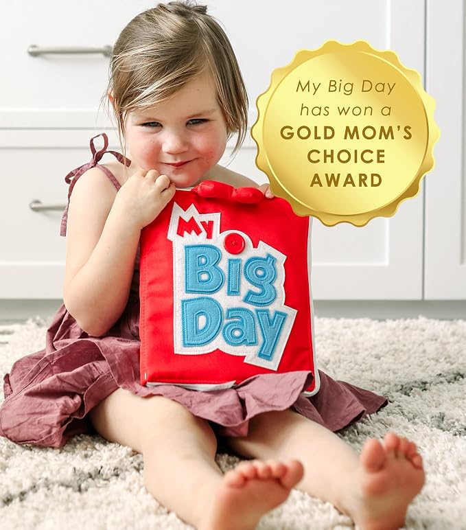 Curious Columbus My Big Day Quiet Book, Fabric Busy Book for Travel (Red) | 10 Interactive Pages, Color Matching, Counting, Buttons, Zippers, Buckles and Lacing, Book Zips Closed with Carry Handles
