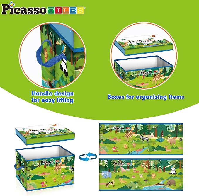 PicassoTiles Foldable Toy Storage Chest Box Forest Animal Theme Magnet Tile Organization Bin with Lid and Handles Magnetic Tiles Playroom Organizer STEM Early Educational Toys Boys Girls Ages 3+ PTA34