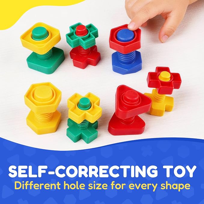 LotFancy Nuts and Bolts, 24pcs Fine Motor Skills Occupational Therapy Toys for Kids, Shapes and Colors Matching Toys, Montessori Building Construction Game with Storage Box for Baby and Toddlers