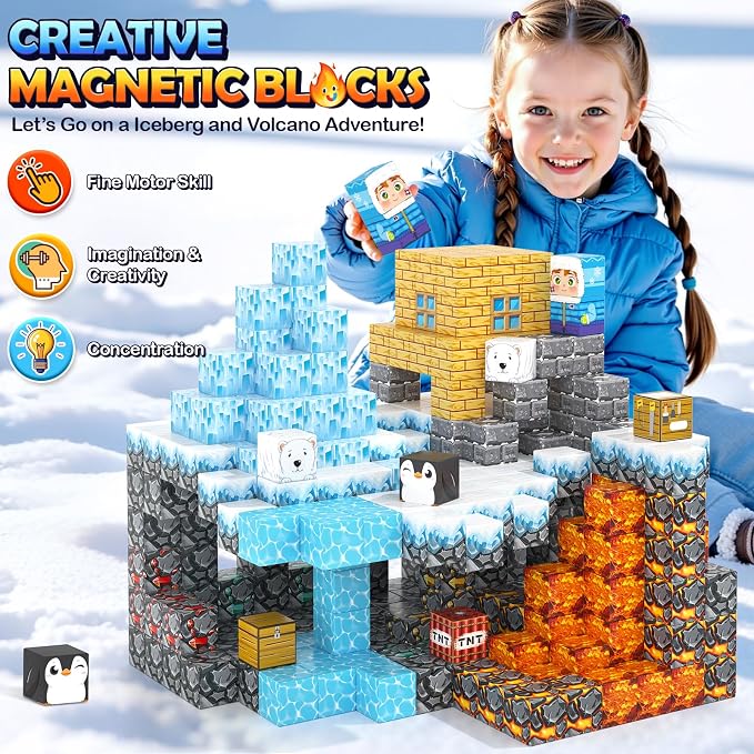 110PCS Large Magnetic Blocks Ice Fire World Magnet Building Toys for Kids | Magnet Building Cubes, STEM Sensory Toys, Christmas Easter Gifts for Boys & Girls, Outdoor Kids Toys for Age 3+