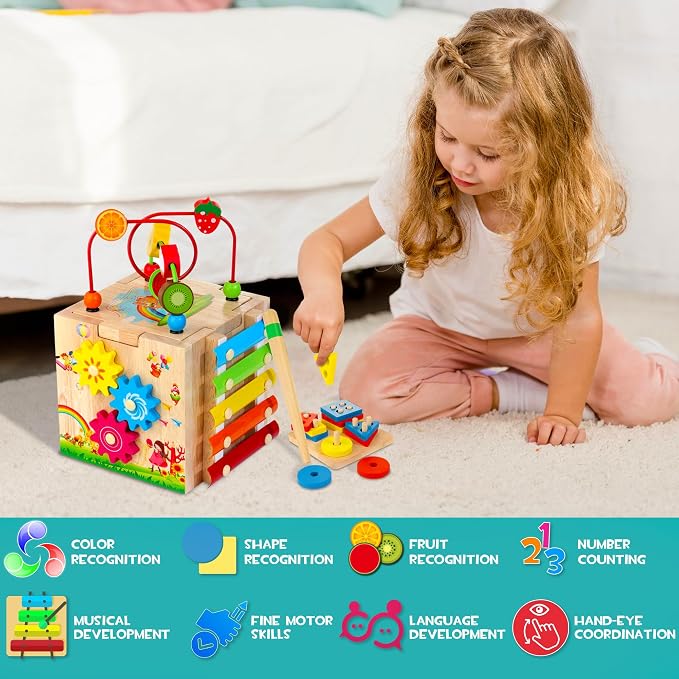 HELLOWOOD 8-in-1 Wooden Activity Cube for Kids, Sorting & Stacking Toys | Montessori Toy for 1 Year Old, Multifunctional Early Development Learning Toy, Ready for Gifting