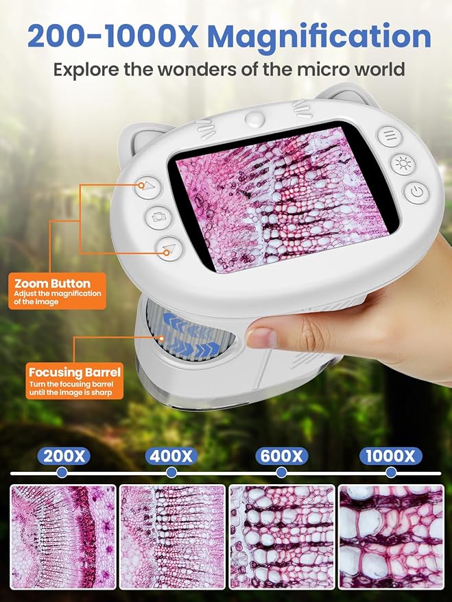 Microscope for Kids, 2.4 Inch Digital Microscope with 1000X Magnification, Handheld Camera Mini Pocket Magnifying Glass, Educational Toys for Ages 3+, White