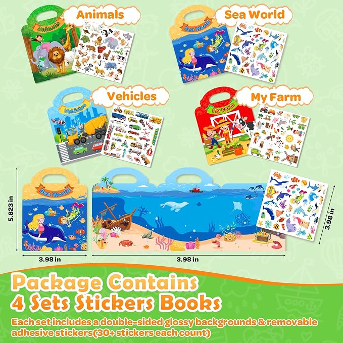 4 Sets Reusable Sticker Books for Toddler 1-3, Activity Books for Toddlers 2-4, Arts Crafts Jelly Stickers Travel Toys for Kids 3-5, Holiday and Birthday Gifts Easter Basket Stuffers for Boys Girls