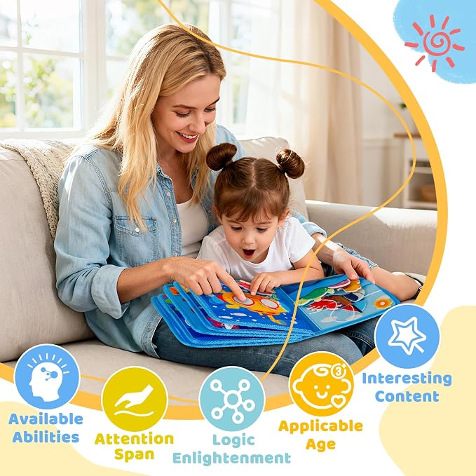 DEGIDEGI Montessori Busy Book for Toddlers, Educational Sensory Activity Book with Life Skills Training, Quiet Travel Toy for Car and Airplane, (Deep Blue)