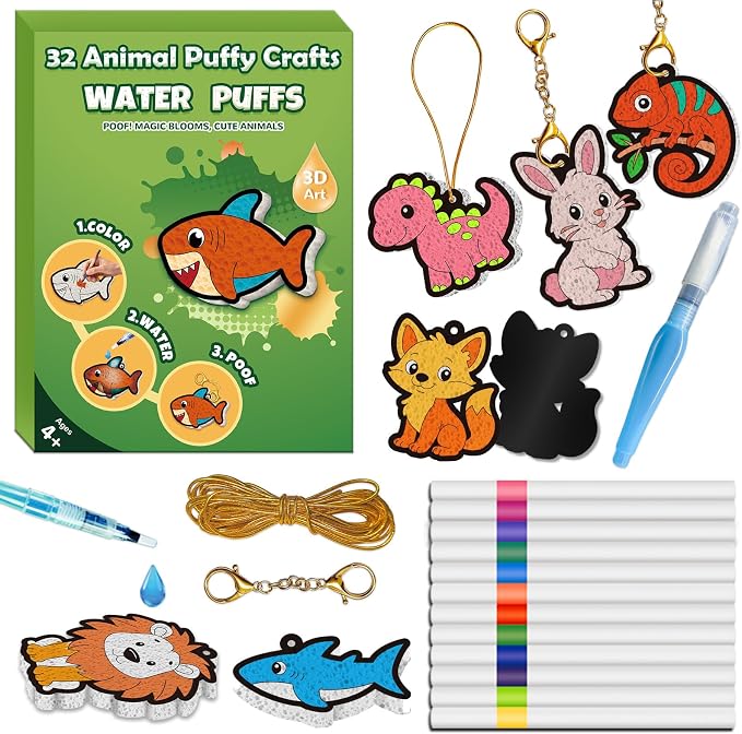 FLUXOJOY 32 Animal Puffy Craft Kit for Kids – 3D Water Grow Craft Activity, DIY Keychains, Creative Screen Free Paint by Number Art Toy, Rainy Day Birthday Party Gifts for Boys & Girls Ages 4-8