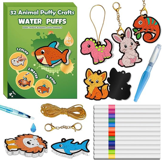 FLUXOJOY 32 Animal Puffy Craft Kit for Kids – 3D Water Grow Craft Activity, DIY Keychains, Creative Screen Free Paint by Number Art Toy, Rainy Day Birthday Party Gifts for Boys & Girls Ages 4-8