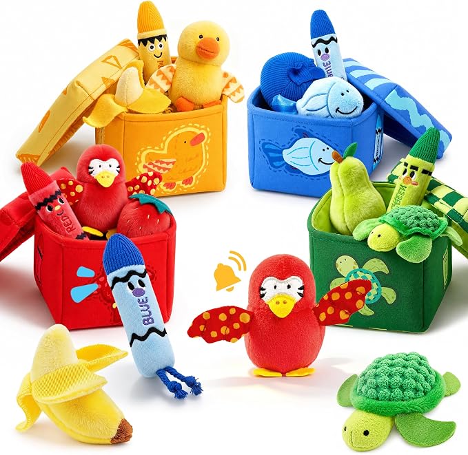 JoyCat Montessori Baby Toys 6-12 Months, 12PCS Sensory Sorting Boxes | Soft boxes with animal, fruit and crayon plush pieces for color sorting, in/out play, textures and little-hand practice