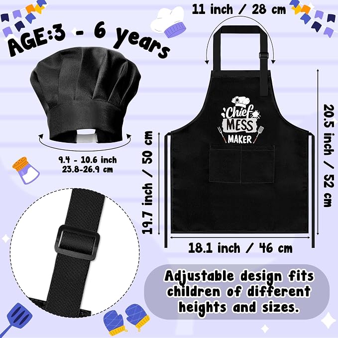 R HORSE 2 Pieces Kid Apron and Chef Hat Set, Dress up Pretend Play Toy | Black Chief Mess Maker Adjustable Children Kitchen Apron Set, Ideal for Cooking, Baking, Painting, Cooking Birthday Gift