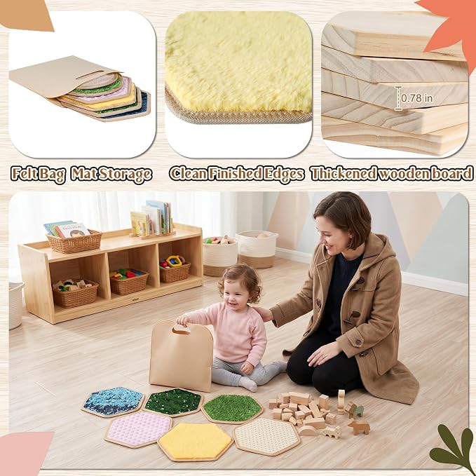 13-Piece Wooden Sensory Wall Panel Set with Double-Sided Activities,Hexagon | Double-Sided Tactile Boards with Interchangeable Texture Pads,Fine Motor & Finger Tracing Paths