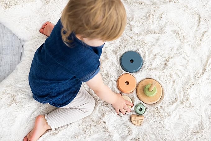 Pearhead Wooden Rainbow Stacking Ring Toy, Montessori Baby Stacker | Neutral Color Sorting Rings, Fine Motor Play, Hand-Eye Coordination, Nursery Decor, Baby or Toddler Gift, Ages 12M+