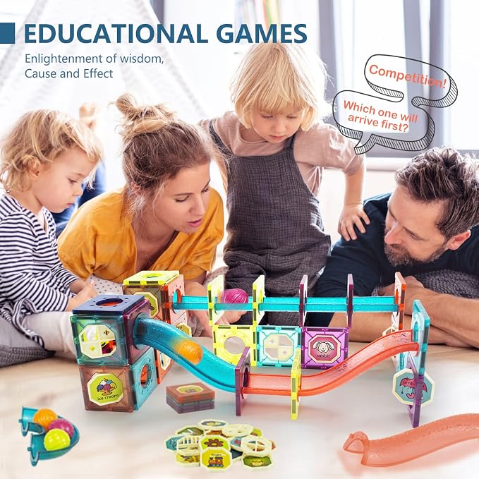 LTKFFFdp Magnetic Building Blocks STEM Educational Toys for Kids Ages 4-12, Ball Track and 3D Stacking Construction Set | 3D Magnet Cubes Building Blocks with Pipes, Montessori Birthday Gifts for Boys Girls Ages 3+, Compatible with Other Brands