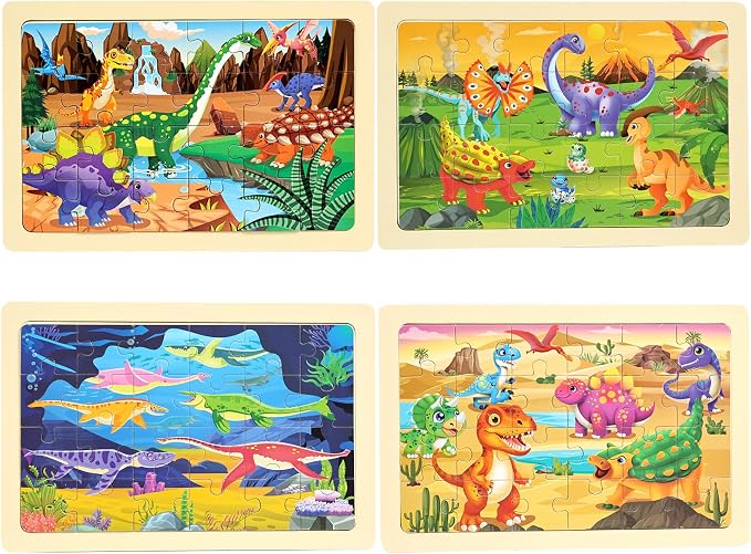 Wooden Puzzles Dinosaur Toys for Kids Ages 3-5, Set of 4 Packs with 24-Piece Wood Jigsaw Puzzles, Preschool Educational Brain Teaser Boards for Boys and Girls 3 4 5 6 Years Old