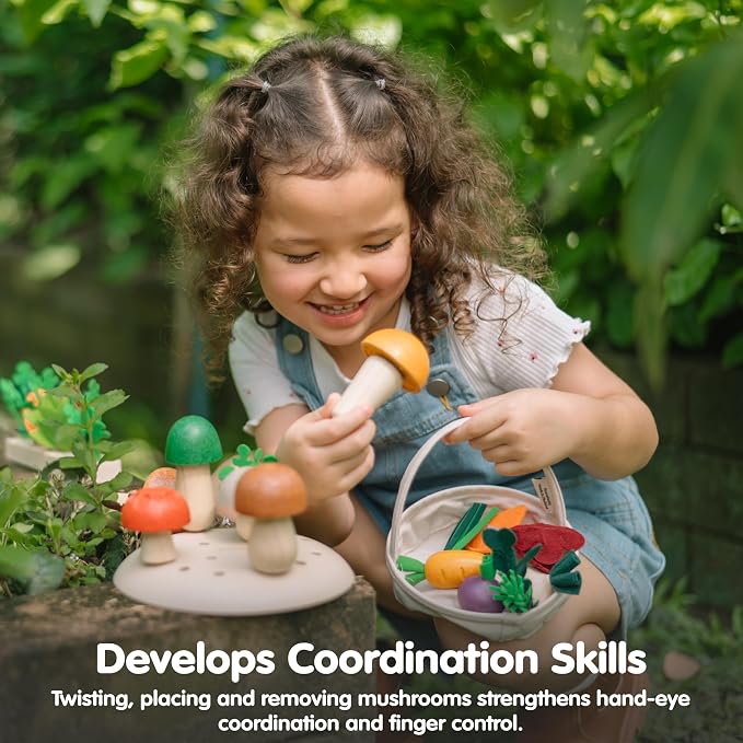 PlanToys® Wooden Play & Pick Mushrooms Toy Kids Garden Learning Playset | wooden mushroom play pick set, montessori imaginative sensory, fine motor coordination, color sorting, garden pretend, kids