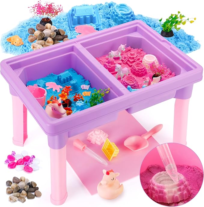 Unicorn & Axolotl 2 in 1 Sand and Water Table, Sensory Table with Sand | Standing sand box with lid, sensory sand, indoor outdoor sand kit, glow stones, sensory play activity table for girls & boys