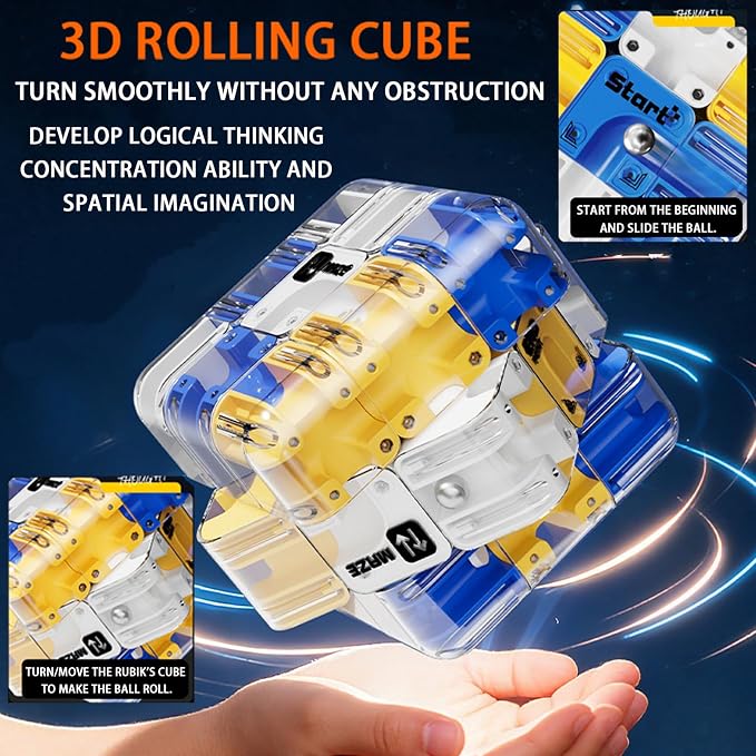3D Rolling Ball Maze Cube, Marble Labyrinth Cube, 3D Labyrinth Puzzle Cube, Spatial Awareness Brain Training Educational Focus Game Gift for Adults Teens Kids (Yellow & Blue)
