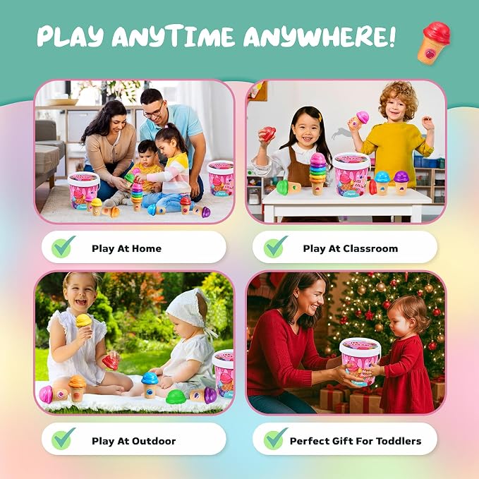 JoyCat Ice Cream Toy Set for Toddlers 1-5,Color Sorting & Stacking Toys | Match colors, stack scoops and serve pretend ice cream; included 7 cones and scoops support counting and little-hand play