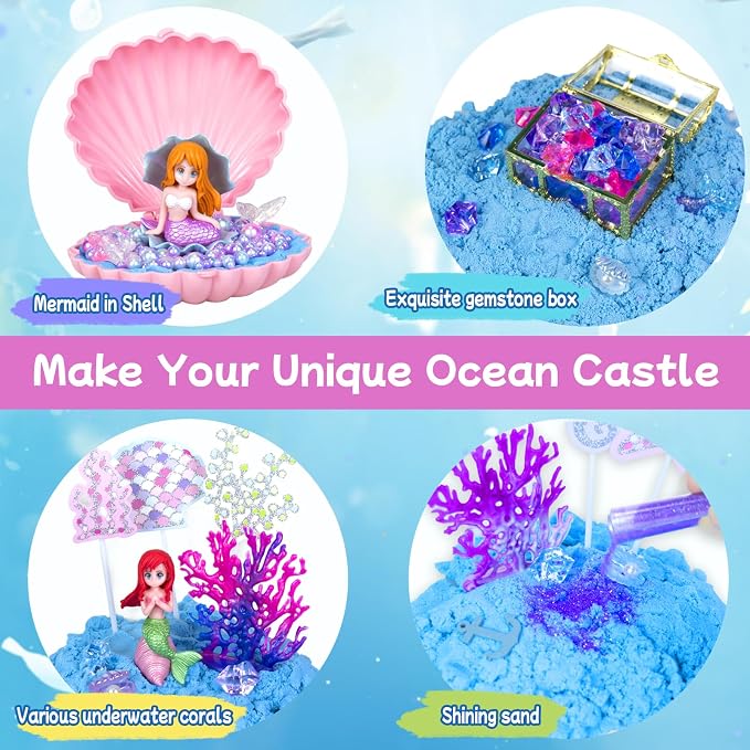 Sensory Bins for Toddlers,Sensory Sandbox Toys Play Sand Art Kit for Kids | Mermaid Play Sand Art Kit Set with Sandbox & Tools, Indoor Outdoor Beach Toys for Boys and Girls Christmas Birthday Gift