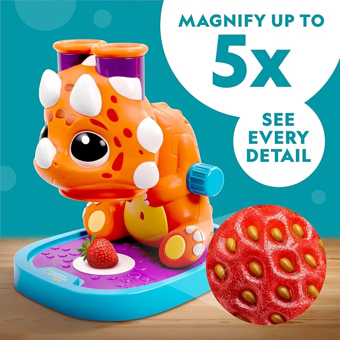 National Geographic Kids Microscope Toy Science Kit, Dino-Scope for Age 3+ | Microscope for Kids Ages 3+ with 5x Magnification, LED Light, Wide Field of View, Focus Knob, Toddler STEM Activities