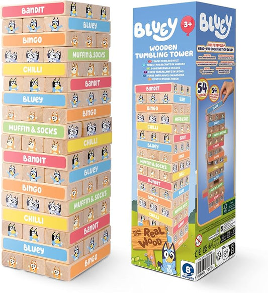 Bluey Tumbling Tower Game, 54 Illustrated Wooden Blocks, Ages 3+