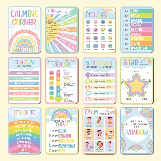 Jackinthebox 12 Calming Corner Posters and charts for Kids Classroom Decor | Trendy Arts Kit, 5th Grade, Middle Teen Girls, Journal Gifts, STEM Learning, Educational Wall Display Set, Ages 10-14, Modern