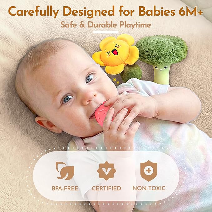 Baby Toys 6-12 Months, Farm Vegetable Garden Plush Toy with Animal Finger Puppets, 6 Month Old Montessori Sensory Toys with Rattles, Squeaker, Textures, Teether, Birthday Boy Girl Gifts
