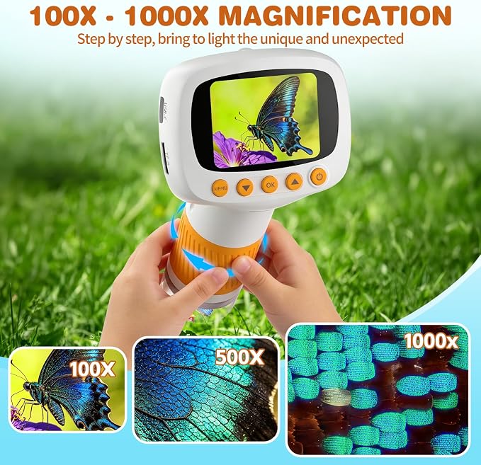 Pocket Kids Microscope for Over 3 Years Old, 1000X Handheld Microscope for Kids w/2''IPS Digital, Photo Video Mini Portable Microscopes, Science Edu Digiscope,Christmas Birthday Gifts for Kids