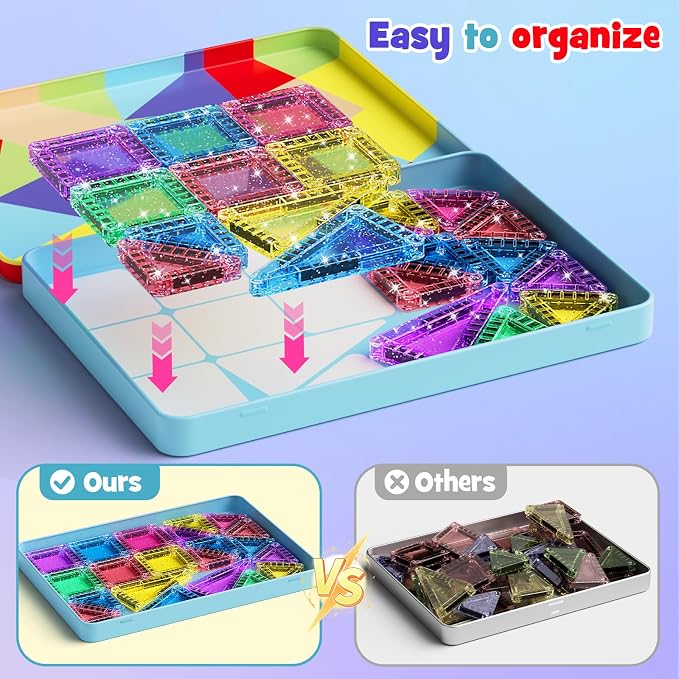 Travel Glitter Magnetic Block Set with Storage Box | STEM Educational Sensory Preschool Building Toy for Toddlers, Ideal Kids Gifts for Ages 3-6