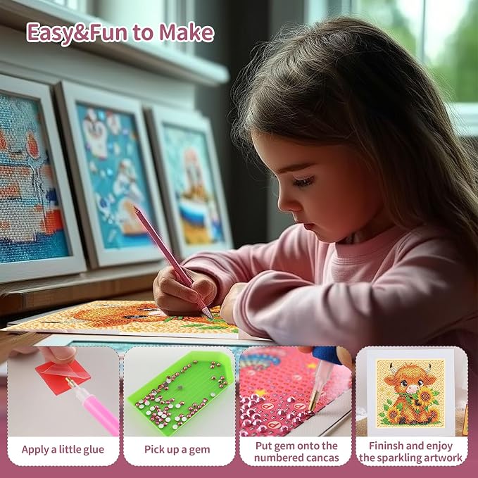 Gemozaic Highland Cow Diamond Art Kits for Kids Ages 6-8-12, 7 x 7 Inch | Animal Diamond Art for Kids 10 Year Old with Frame, Easy Kid Big Gem Painting, DIY Arts and Crafts for Girl Birthday Gift