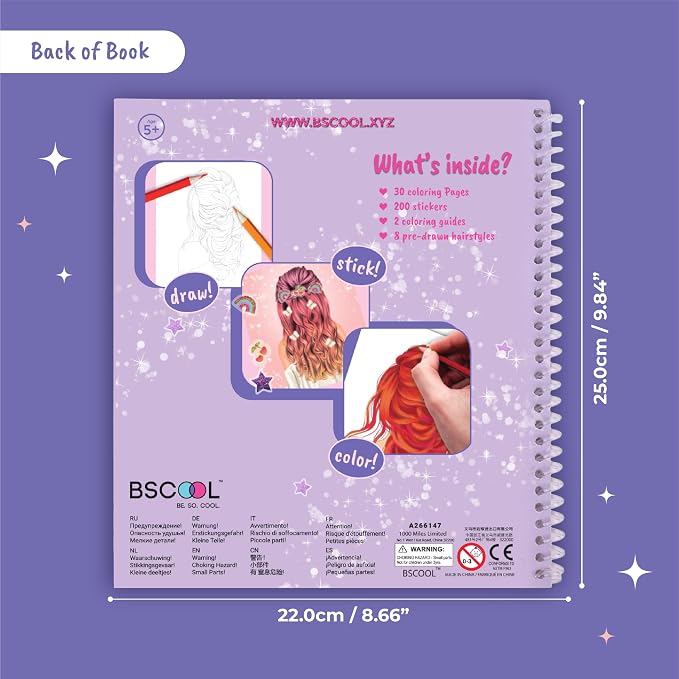 BSCOOL Sticker Book Fashion Design Activity Book for Kids. Hairstyles | Drawing, coloring, and hairstyle creation with guides. Creative sketchbook for little designers ages 5 and up.